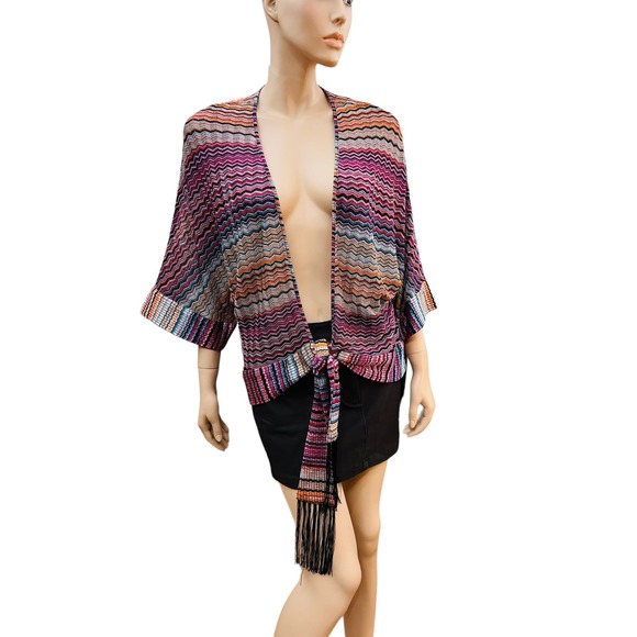 New Trina Turk Raschel Knit Open Cardigan Sz M/L Large Halo Fringe Tie Front